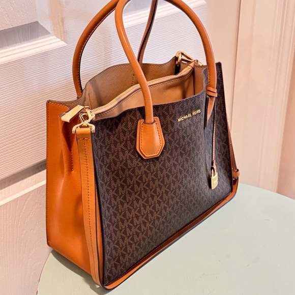 Michael Kors Woman's Logo Handbag, Chocolate Brown with Tan Leather - Picture 2 of 13